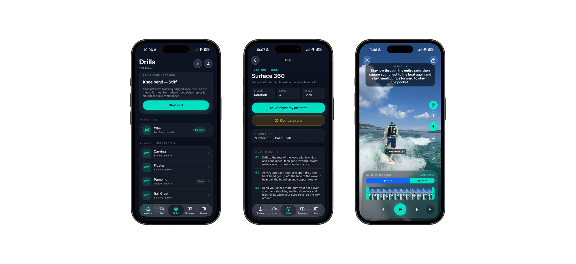 Three phone screens showing the drills list, a drill's step-by-step instructions, and live coaching tips during a run